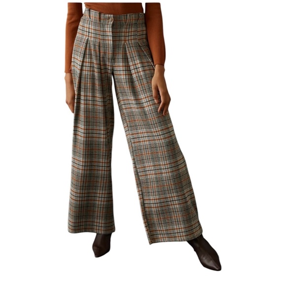 Anthropologie Pants - Maeve Anthropologie wide leg pleated knit brown cream plaid size 4
